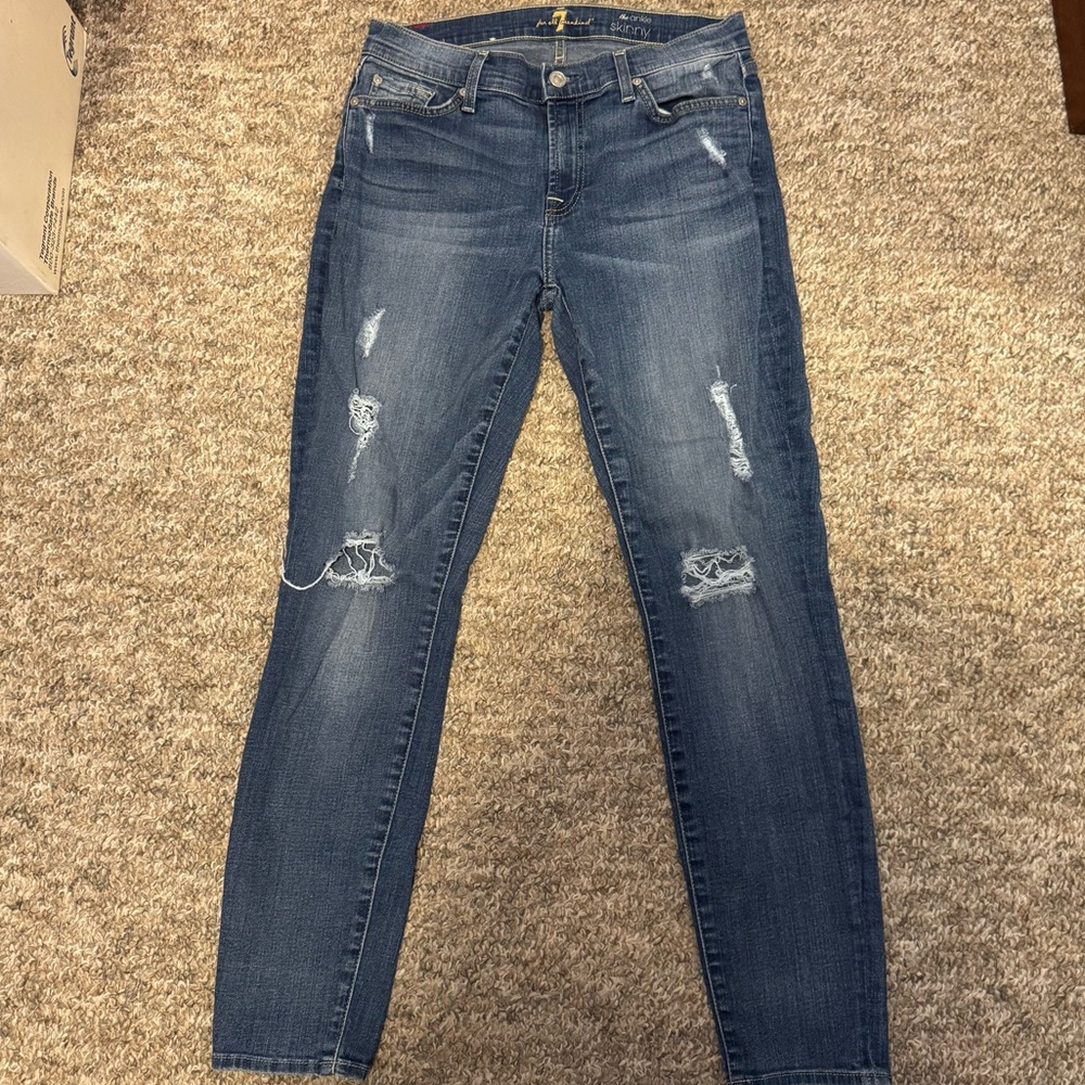 7 For All Mankind Distressed Skinny Jeans - Dark blue